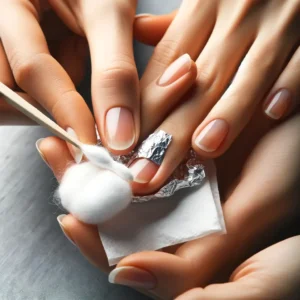 A person performing the soak-off method for nail care. The image shows a close-up of hands where one hand has fingertips wrapped in aluminum foil, hol